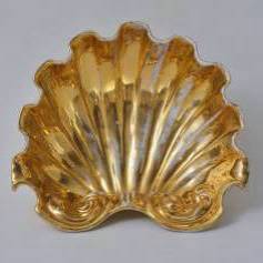 Antique Ferniani Faenza giant shell majolica bowl, gold, 1800`s ca, Italian